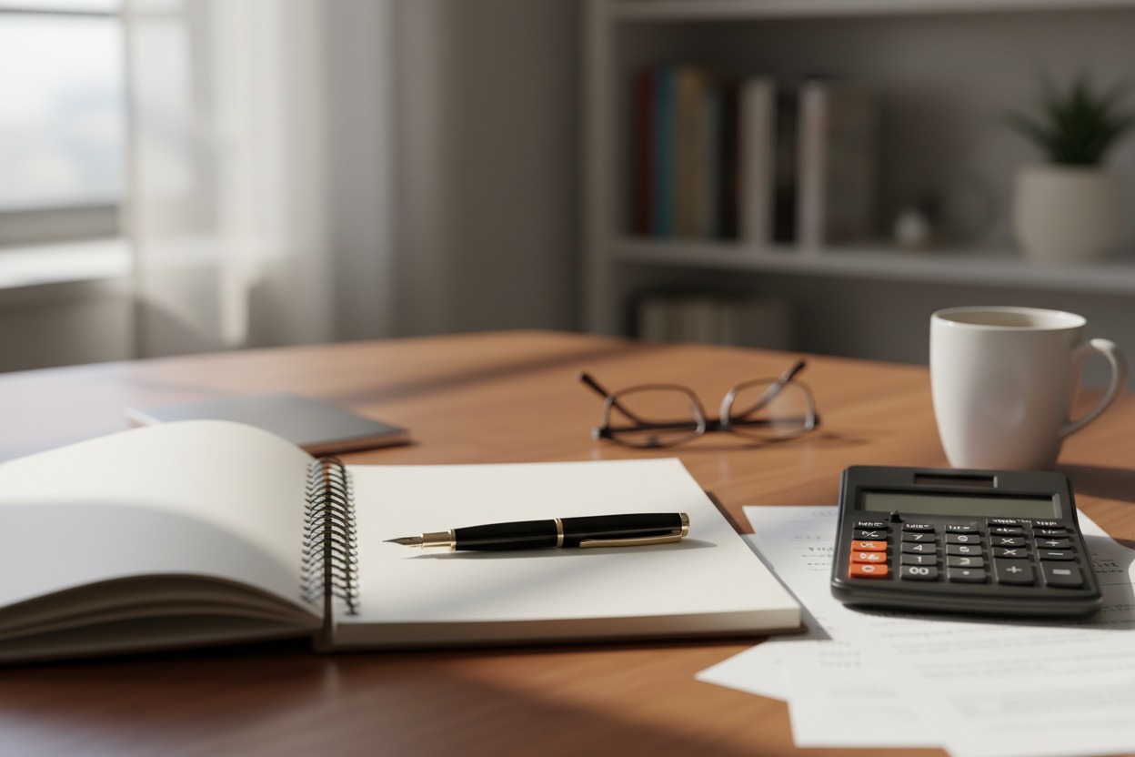 uma caneta, um caderno e uma calculadora sobre a mesa