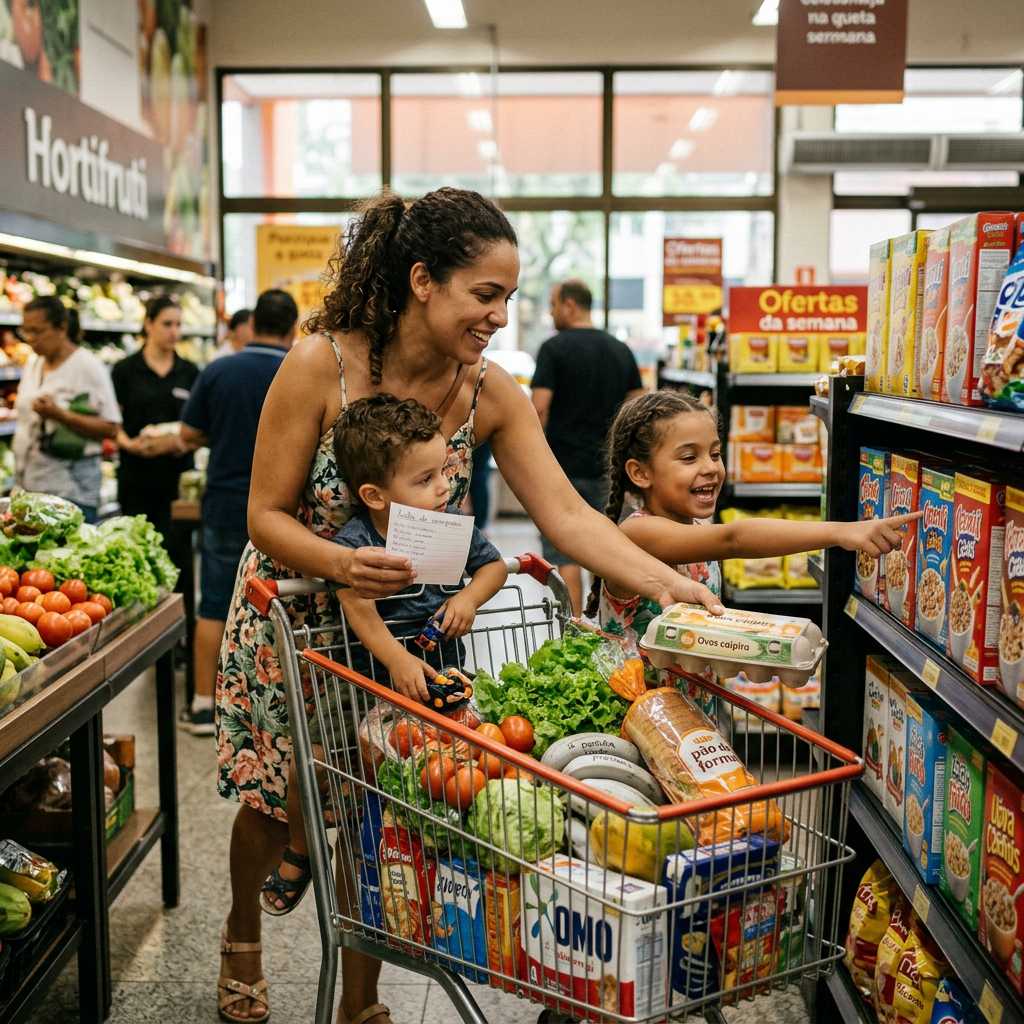 Mother with two children shopping in a grocery store aisle