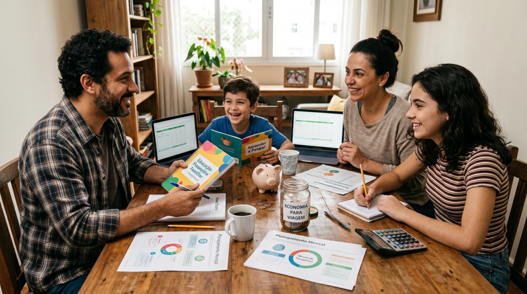 Family sitting around a table with financial planning materials and laptops