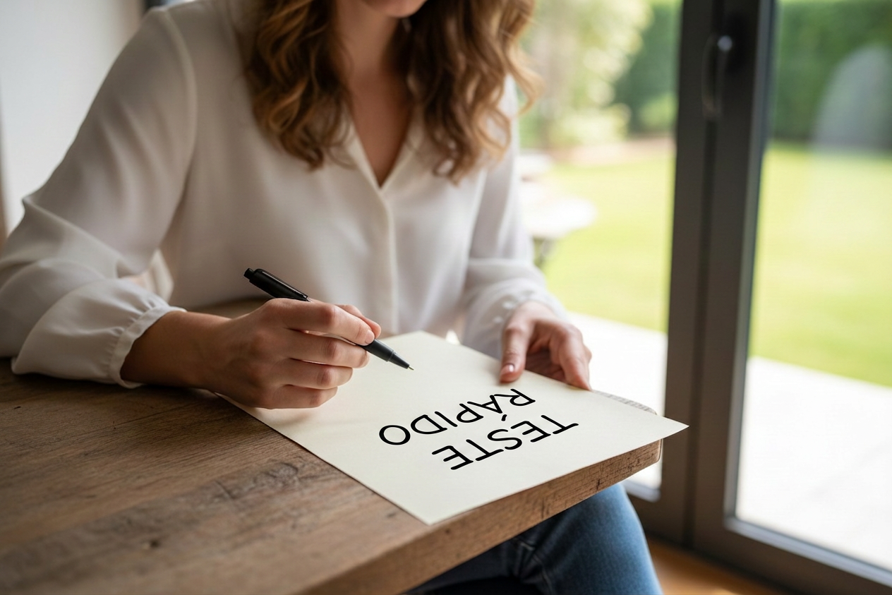 UMA MULHER SEGURA UMA UM PAPEL E UMA CANETA PARA FAZER UM TESTE RAPIDO DE COMO COMEÇAR A EMPREENDER