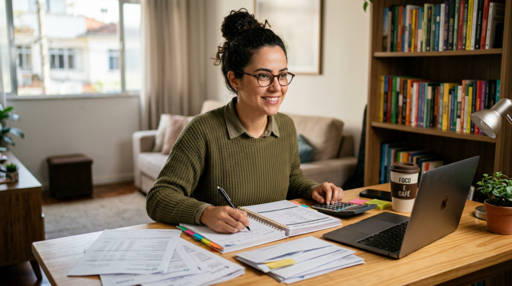 Woman writing financial notes at a home desk beside laptop