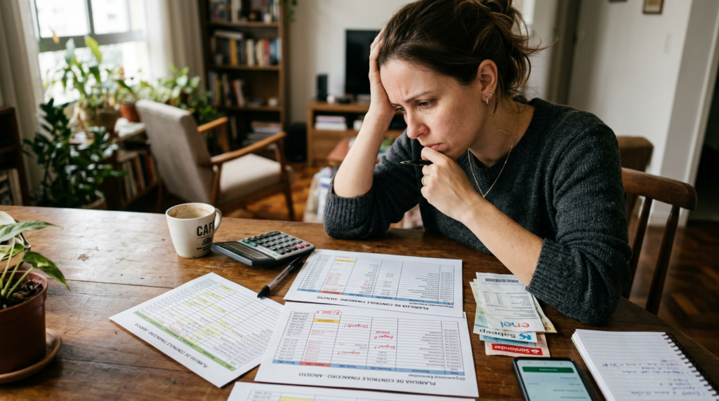 Woman reviewing financial documents with calculator and coffee at home