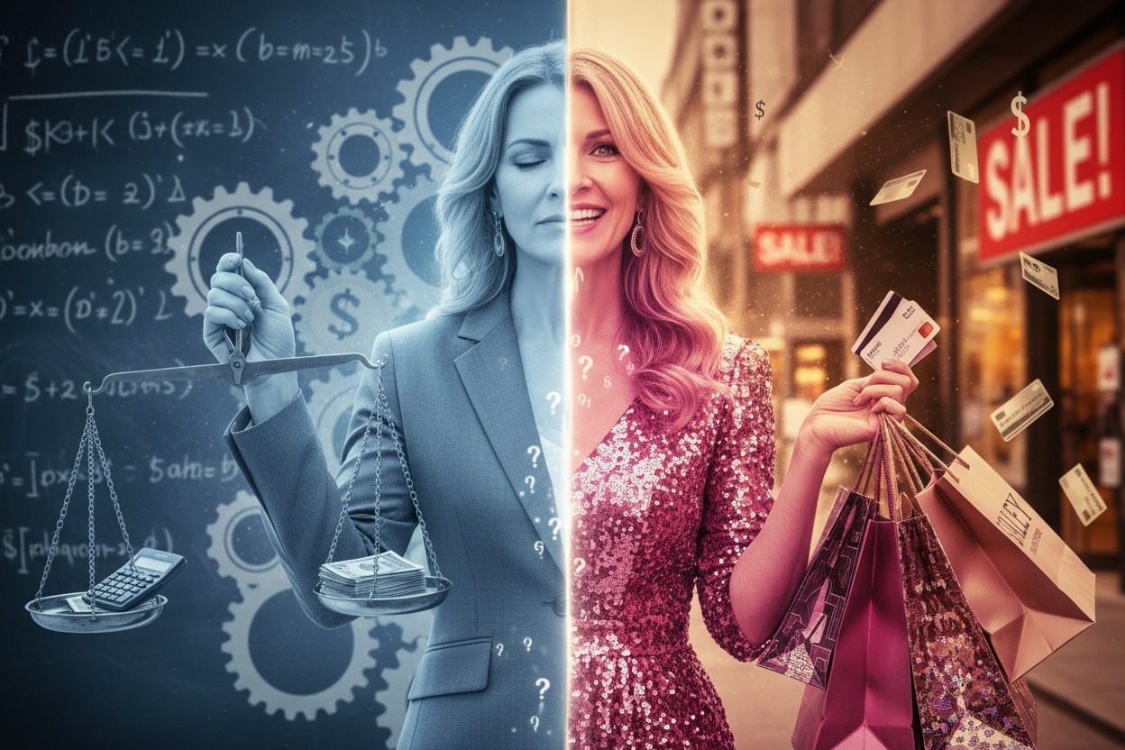 Uma mulher está dividida entre dois lados: o esquerdo, azul e analítico, com uma balança e fórmulas matemáticas ao fundo, e o direito, quente e festivo, segurando sacolas de compras e cartões de crédito na rua.