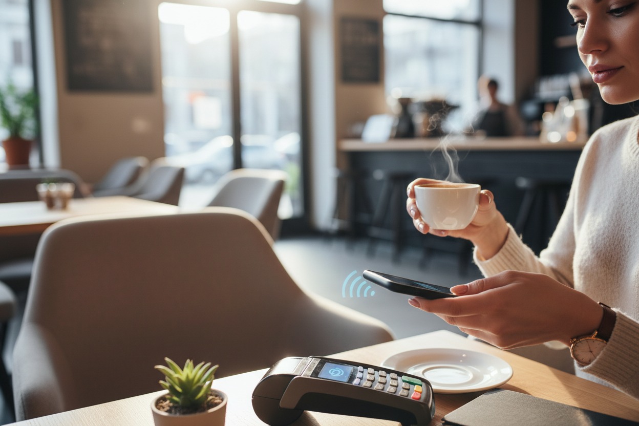 Uma mulher em uma cafeteria usa o smartphone para fazer um pagamento por aproximação em uma maquininha de cartão, enquanto segura uma xícara de café fumegante.